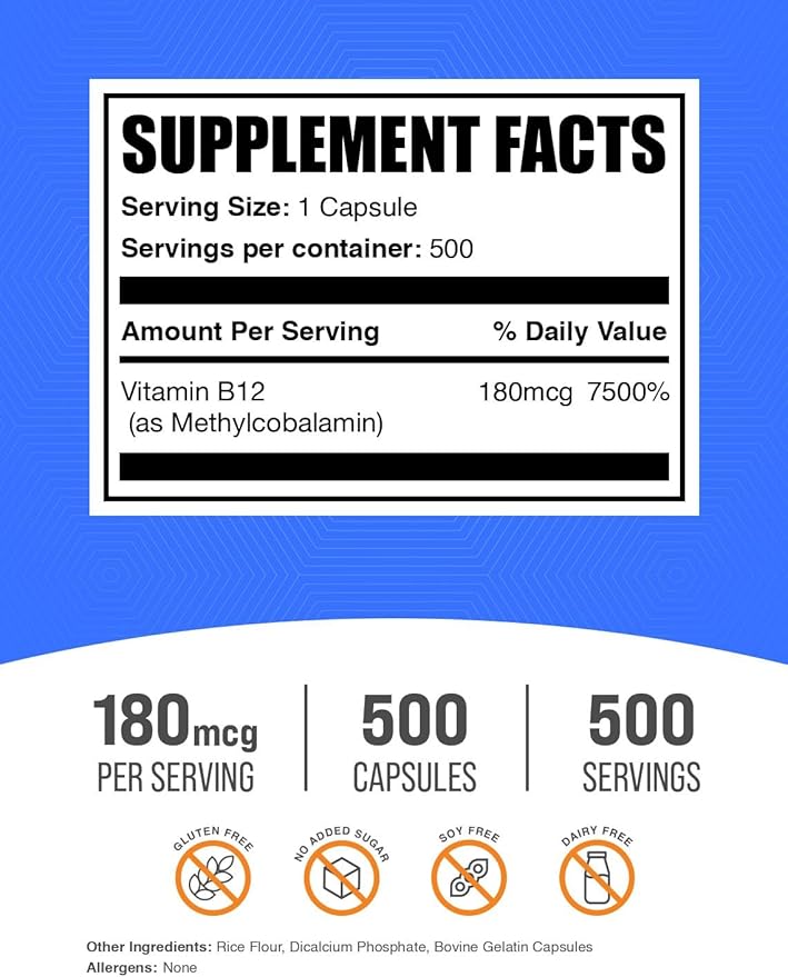 BulkSupplements.com Vitamin B12 Methylcobalamin Capsules - B12 Vitamin Supplement, B12 180mcg, for Energy Support - Gluten Free, 1 Capsule per Serving, 500 Capsules (Pack of 1)