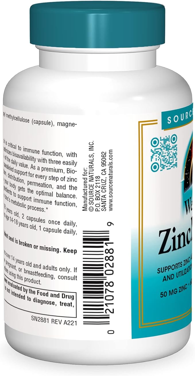 Source Naturals Wellness ZincMunity, Supports Zinc Absorption, Metabolism and Utilization for Immune Heath*, 50 mg Zinc - 60 Vegetarian Capsules