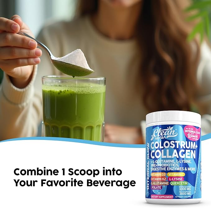 Bovine Colostrum+Collagen Peptides Powder| L-Glutamine L-Lysine Prebiotics Probiotics Digestive Enzymes Vitamin D K2 Vitamin C Quercetin & Folate|Gut Health Supplement Internal Glow By Clean Nutra (1)
