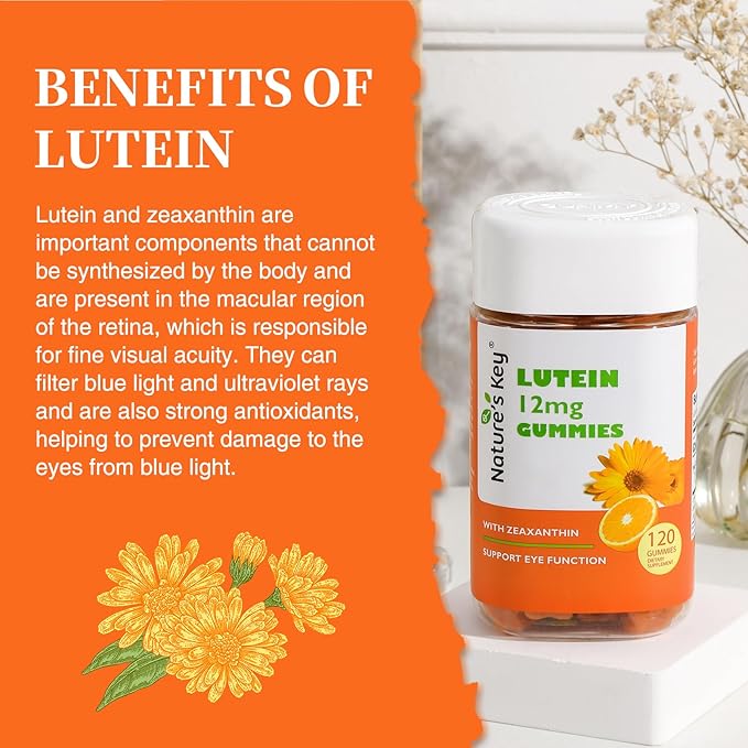 Nature's Key Lutein Gummies 12mg with Zeaxanthin & Vitamin A for Kids and Adults | Eye Health and Brain Function Supplement | Orange Flavor, 120Ct