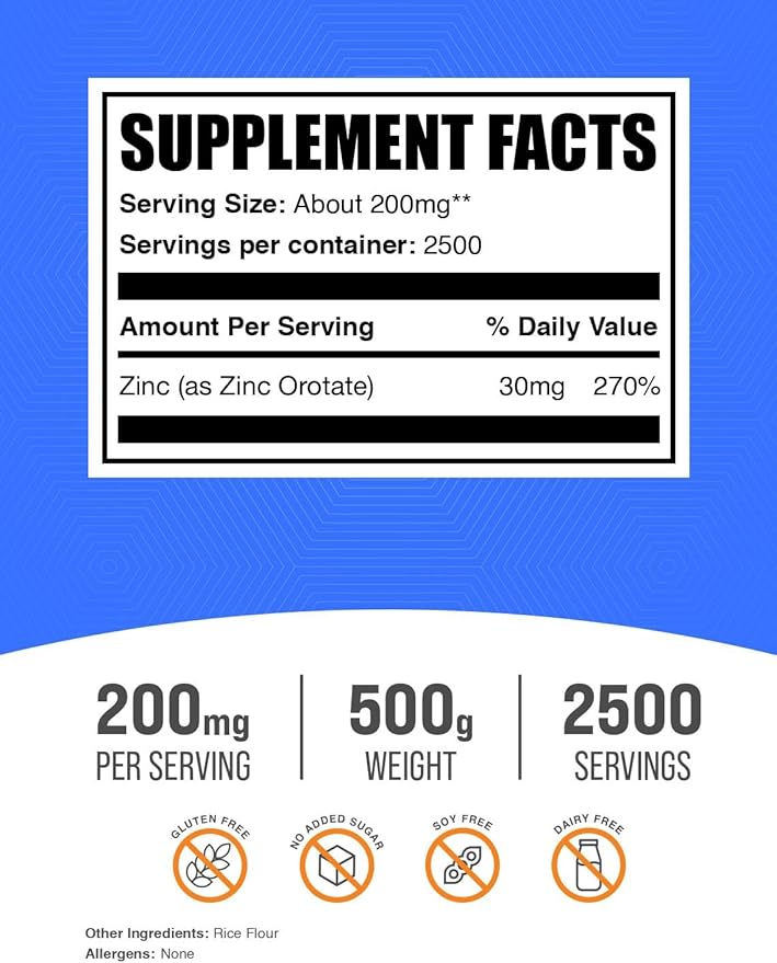 BulkSupplements.com Zinc Orotate Powder - Zinc Minerals Supplement, for Immune Support - Gluten Free, 200mg per Serving, 500g (1.1 lbs) (Pack of 1)