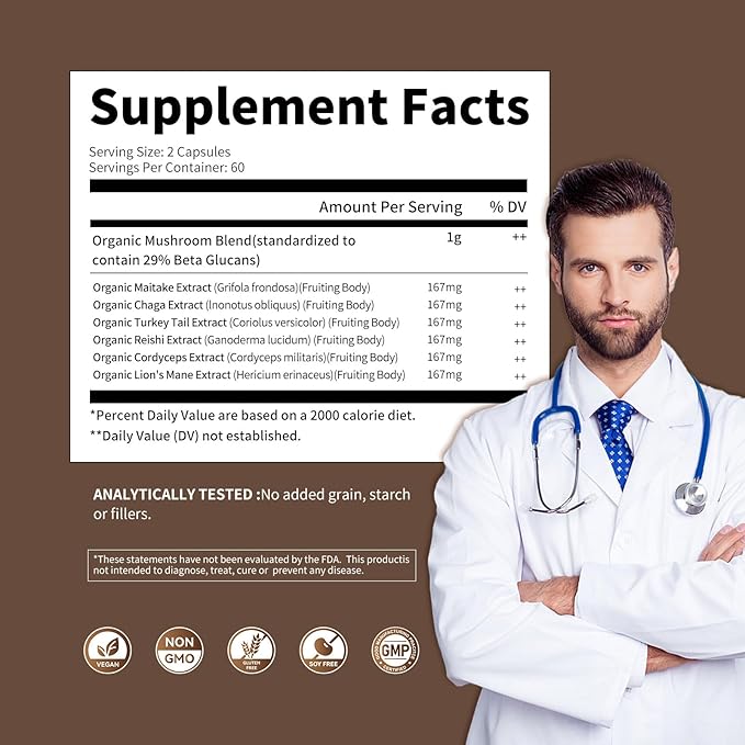 Mushroom Complex Supplement 2600mg, 120 Capsules - 10 Mushrooms Blend - Reishi, Lions Mane, Cordyceps, Chaga, Turkey Tail, Maitake, Shiitake, Oyster Nootropic Complex - Brain, Energy, Focus Pills