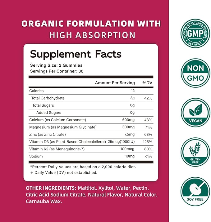 Calcium Magnesium Zinc Gummies with Vitamin D3 & K2 - High Potency Enhanced Absorption -60 Raspberry Gummies Flavored