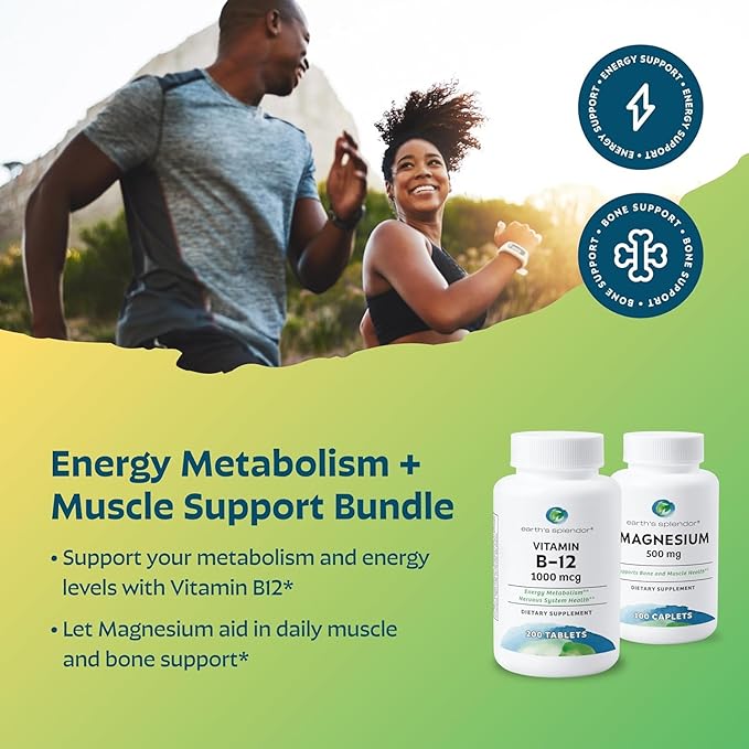 Earth's Splendor Energy + Muscle Support Energy Supplements: Vitamin B12 & Magensium, Gluten & Wheat Free, No Artificial Flavors & Preservative: Helps Metabolism, Bone & Muscle Health