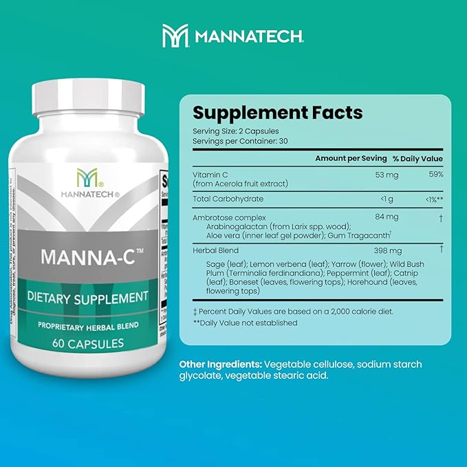 Nasal and Sinus Support with Immune Defense – Promotes Clear Breathing and Respiratory Health, Vitamin C & Glycans Blend for Daily Wellness – Manna-C 60 Capsules, Proprietary Plant-Based Formula