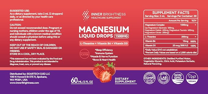 Magnesium Glycinate Liquid Drops 1500mg with Magnesium Citrate & Taurate, L-Theaine, Vitamin D3, B6, Supports Calm, Sleep, Muscle Relaxation, Leg Cramps & Energy, Strawberry Flavor, 60 mL