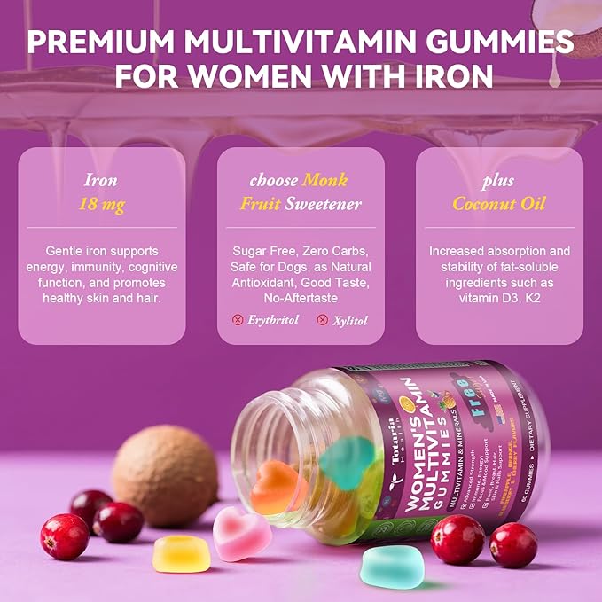 (2 Pcs) Sugar Free Womens Multivitamin Gummies with Iron, Women's Multivitamin w/Vitamins C, D3 K2, B12, B6, Filled Gummies for Daily Nutritional Support| Immune Support| Skin Health, Mixed Flavors
