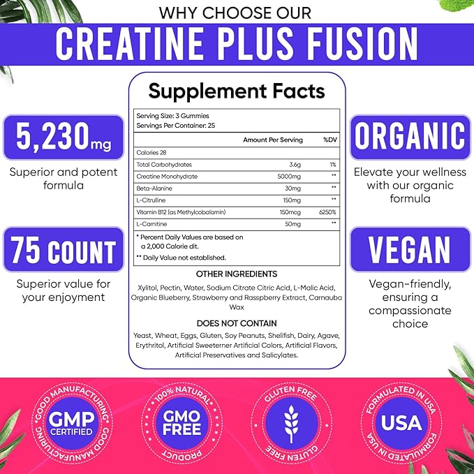 Creatine Monohydrate Gummies for Men & Women – 5000mg per Serving Creatine Supplement with Beta-Alanine, L-Citrulline & B12 – Supports Strength, Energy, and Recovery – 75 Vegan Gummies. Sugar-Free