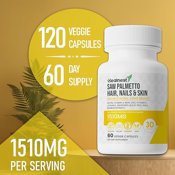 Hair, Nails & Skin Care with – Saw Palmetto, Biotin, Amla - 60 Non-GMO, Gluten Free, Veggie Capsules for Men and Women