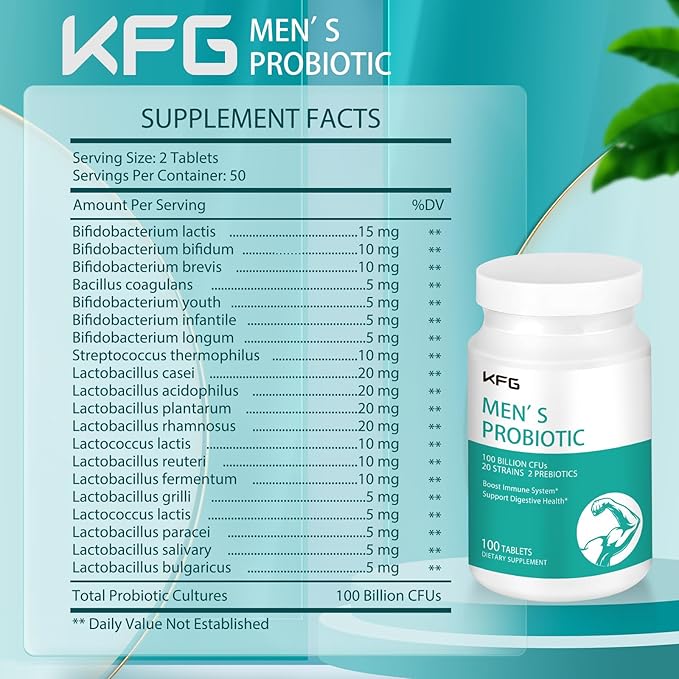 KFG Probiotic Supplement 100 Billion CFU, 20 Strains, 2 Prebiotics and Digestive Enzymes, Supports Digestion, Immune Support, Gut Health and Metabolism, Non-GMO, Gluten & Soy Free, 100 Tablets