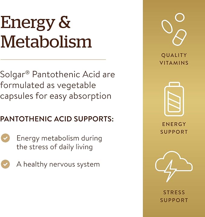 Solgar Pantothenic Acid 550 mg Vegetable Capsules Vitamin B5 Energy Metabolism Nervous System Support Gluten Free Dairy Free Kosher Servings, Standard Packaging, 100 Count