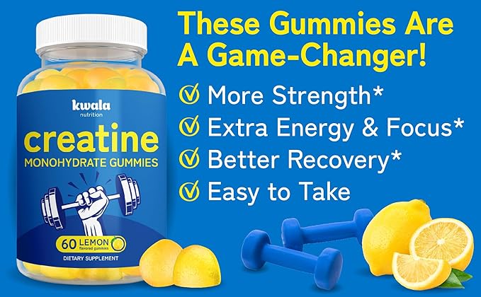 Creatine Monohydrate Gummies - Muscle Growth, Recovery, & Strength for Men - 60 Servings - 5g Creatine Per 5 Creatine Gummies - Lemon Flavored - Vegan Creatine Chews