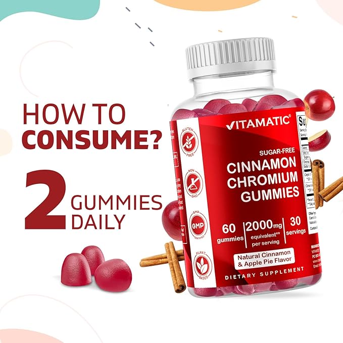 Vitamatic Sugar-Free Chromium Gummies with Ceylon Cinnamon – 2000 mg Equivalent Per Serving (from Extract 83 mg) – Non-GMO, Gluten-Free – 60 Vegan Gummies – 2 Pack