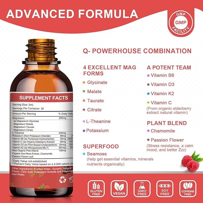 Magnesium Glycinate Liquid Drop - Triple Absorption Supplement to Support Nerves, Night, Heart, Muscles * -Sugar-Free with Potassium, L-Theanine, Sea Moss Vitamin B,C,D3, K2-3Pack