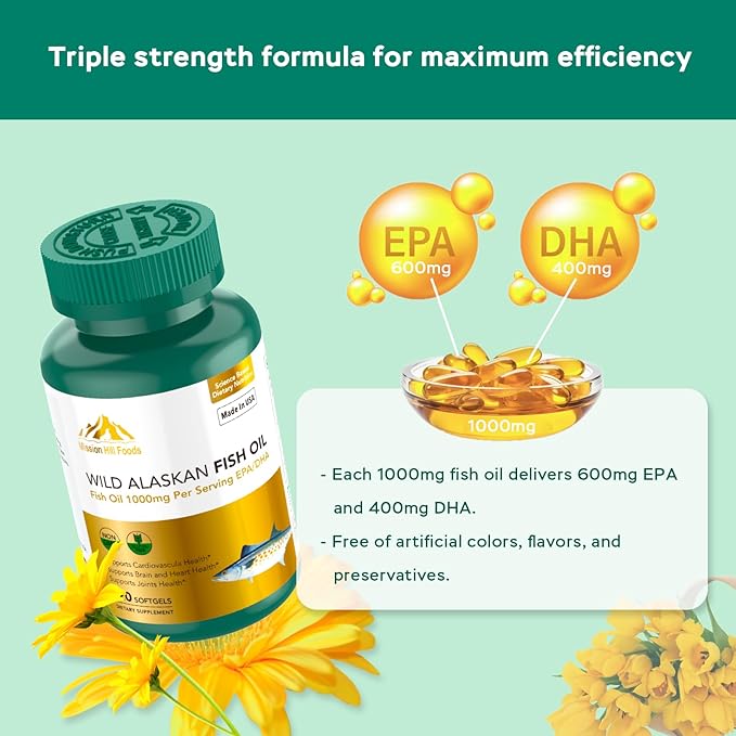 Omega-3 Wild Alaskan Fish Oil (1000mg) | Supports Heart, Brain & Joint Health (1 Bottle-60 Softgels-2mo Supply) | High EPA & DHA | Non-GMO & Gluten Free