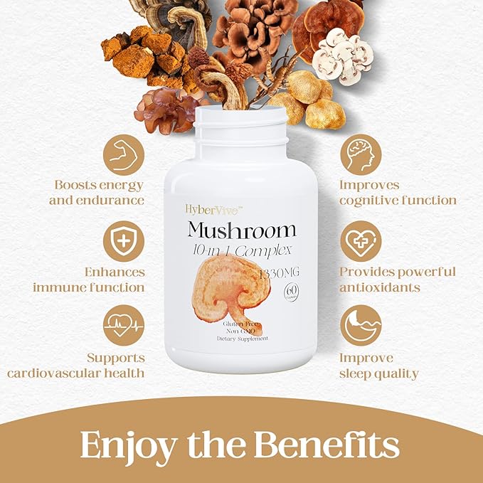 Mushrooms with Cordyceps, Lion's Mane, Shiitake Mushroom Complex for Energy, Immune Health, Brain Support & Overall Wellness | Non-GMO, Gluten-Free, 1300mg Per Serving, 60 Capsules