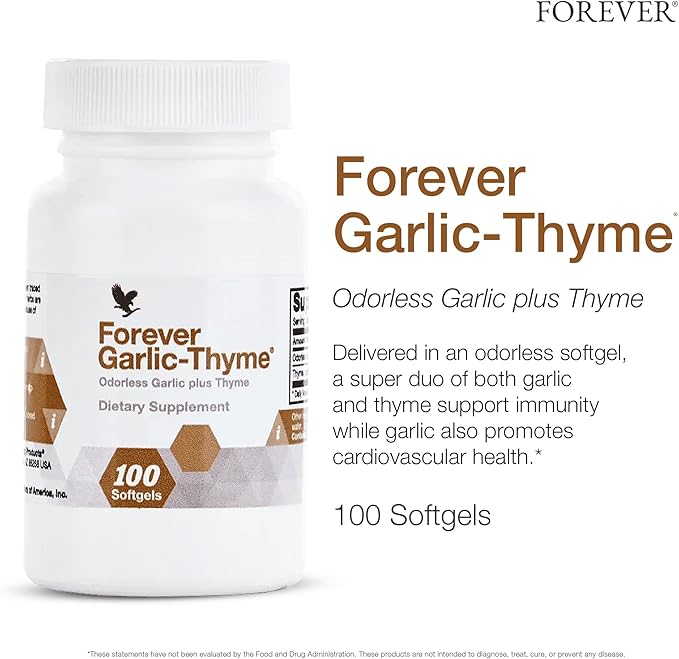 Forever Living - Forever Garlic-Thyme - Cardiovascular & Immune Support with 10mg Garlic Extract & 50mg Thyme Leaf Powder - Odorless Softgel, Gluten-Free - 100 Softgels