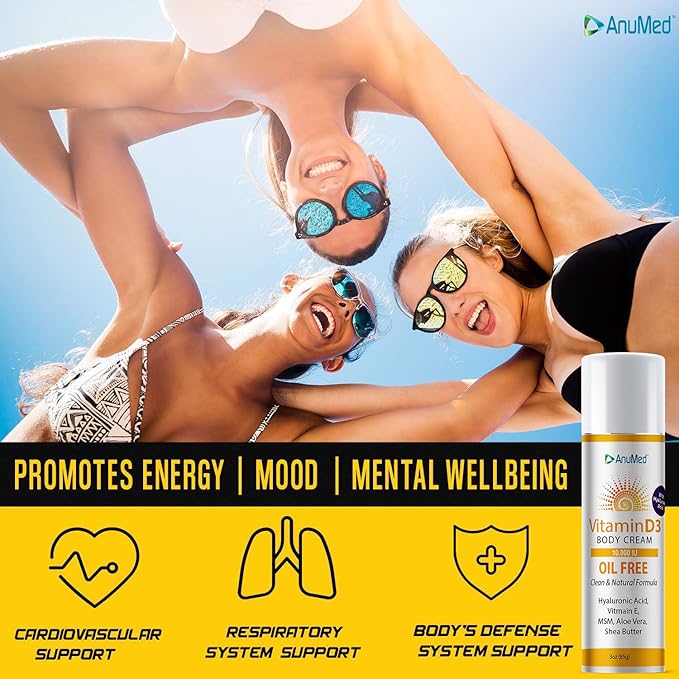 AnuMed Vitamin D3 10,000 IU Oil-Free Cream with Magnesium + Hyaluronic Acid, Vitamin E. Moisturizing Cream for Dry Skin. Non-Greasy, Non-GMO, 100% Vegan, Gluten-Free (3oz)