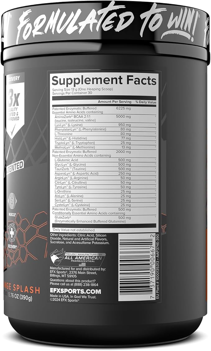EFX Sports Aminozorb Elite 21 | PH-Correct, Full Spectrum Aminos + Glutamine | Essential & Non Essential Aminos | Zero Sugars | 30 Servings (Orange Splash)