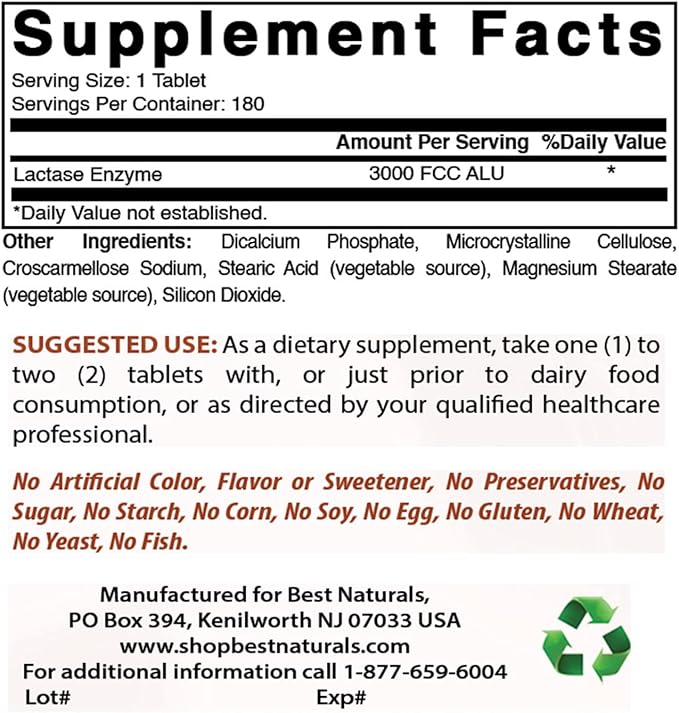 Best Naturals, Fast Acting Lactase Enzyme, 3000 FCC ALU, 180 Tablets (180 Count (Pack of 3))