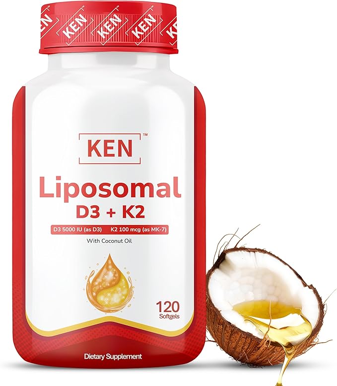 KEN Liposomal Vitamin D3 5000 IU + K2 (MK7) 100mcg, Bone Support Supplement, Enhanced Calcium Absorption, Supports Immune Function, Coconut Oil, No Seed Oil, Non-GMO 120 Halal Bovine Softgels