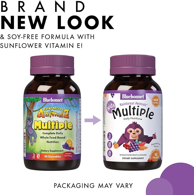 Bluebonnet Nutrition Rainforest Animalz Whole Food Based Multiple Chewable Tablets, Kids Multivitamin & Mineral, Vitamin C, D3, Iron, Gluten Free, Milk Free, Kosher, 90 Chewable Tablets, Mixed Flavors