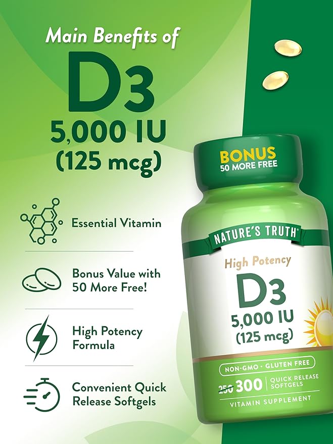 Nature's Truth Vitamin D3 5000 IU (125 mcg) | 300 Softgels | High Potency Vitamin D | Non-GMO and Gluten Free Supplement