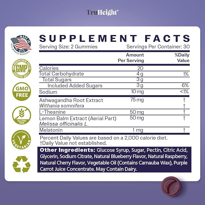 TruHeight Sleep Gummies - Kids & Teen Natural Sleep Aid for Maximum Growth - Pediatric Recommended - Kids Melatonin Gummy - Melatonin, Ashwagandha, L Theanine, Lemon Balm, Ages 4+, Mixed Berry Flavor