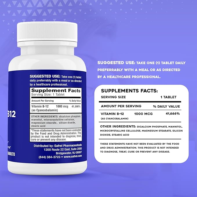Safrel Vitamin B12 1000 mcg per Tablet, 200 Days Supply, Provides Energy, Metabolism and Nervous System Health Support | Vegan, Gluten Free and Dye Free | Made in USA