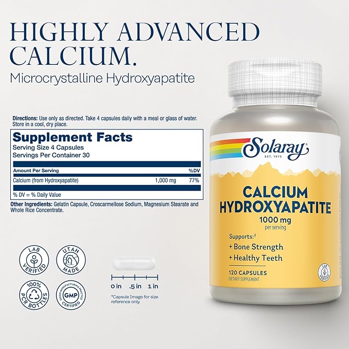Solaray Calcium Hydroxyapatite 1000mg - Calcium Supplements for Women & Men, Hydroxyapatite Powder Capsules, Healthy Teeth and Bone Support - 120 Capsules