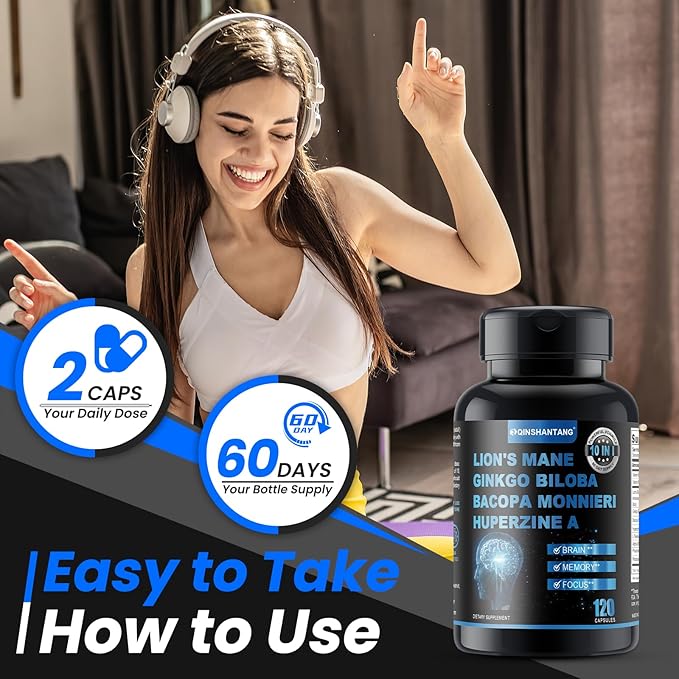 Lion's Mane Supplement Capsules & Bacopa Monnieri-120 Capsules Lion's Mane Mushroom Blend, 10 in 1 for Enhanced Memory, Focus, and Brain Support