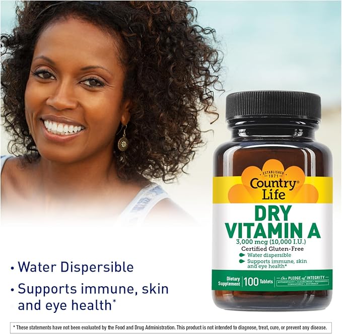 Country Life Vitamin A 10,000 IU - Immune Support, Skin & Eye Health Supplement, Certified Gluten-Free, Vegan, Halal, Kosher, 50% Beta-Carotene & 50% Retinyl Palmitate, Easy Absorption - 100 Softgels