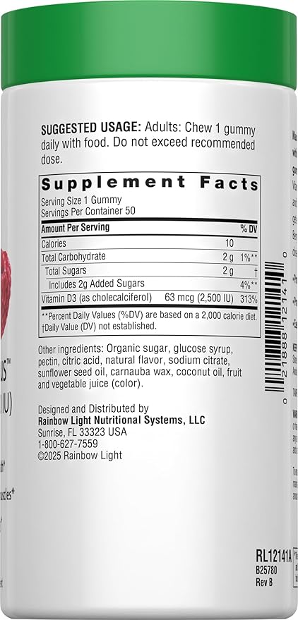 Rainbow Light - Berry D-Licious 2,500 IU Vitamin D3 Gummy - Ultra Potency Vitamin D Supplement Supports Bone and Muscle Strength, Calcium Absorption, and Circulatory Health; Gluten-Free - 50 Count