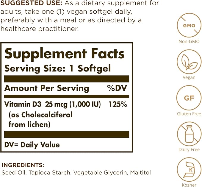 SOLGAR Vegan Vitamin D3 (Cholecalciferol) 25 mcg (1,000 IU) - 120 Softgels - Immune Support, Helps Maintain Healthy Bones & Teeth - Non-GMO, Certified Vegan, Gluten & Dairy Free - 120 Servings