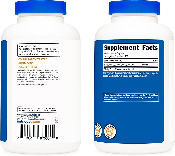 Nutricost N-Acetyl L-Cysteine (NAC) 600mg, 180 Capsules - Non-GMO, Gluten Free