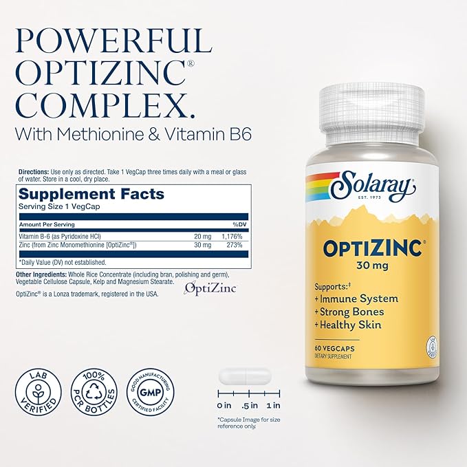 Solaray OptiZinc 30mg Immune Support Supplement, Chelated Zinc Capsules, Endocrine Systems and Cellular Health Support, with Methionine, Vitamin B6 and NO Copper, 60-Day Guarantee, 60 Serv, 60 VegCaps