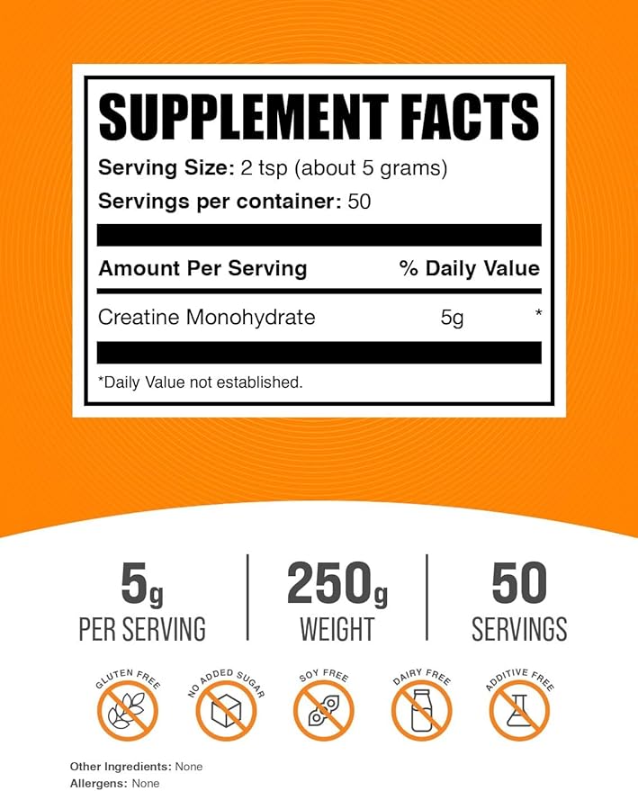 BulkSupplements.com Creatine Monohydrate Powder - Creatine Supplement, Micronized Creatine, Creatine Powder - Unflavored & Gluten Free, 5g (5000mg) per Servings, 250g (8.8 oz) (Pack of 1)