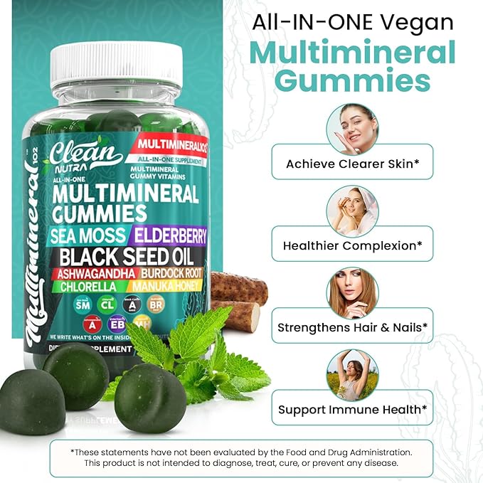 Clean Sea Moss Gummies | Black Seed Oil Ashwagandha, Elderberry, Burdock Root, Chlorella, Manuka Honey - Vegan Irish Sea Moss Gummy Vitamins For Adults Kids Men Women - Multimineral Green Apple Flavor