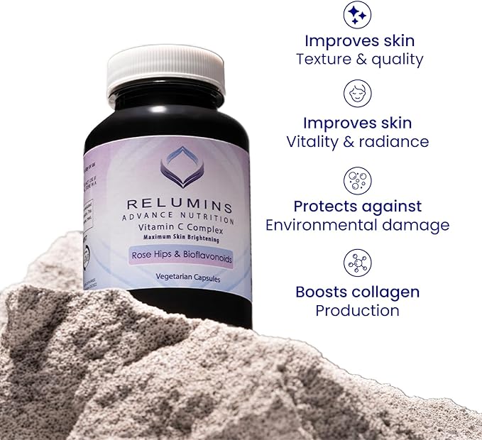 Relumins Skin & Immune Booster Vita Bundle – Advanced Vitamin C 1000mg with Rose HIPS (180 Capsules) + Max Strength Glutathione Booster (30 Veg Capsules) – Antioxidant & Skin Support, Halal Certified