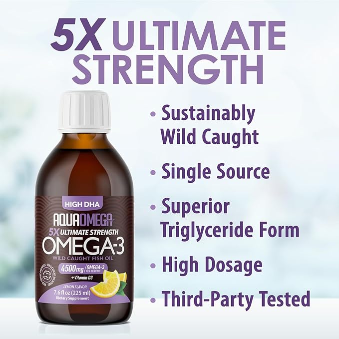 5X Ultimate Strength Omega 3 Fish Oil Liquid 4500mg, Omega 3 Liquid Fish Oil Burpless, High DHA EPA Omega3 Supplement for Women and Men with Vitamin D, 3380mg DHA, 670mg EPA, 7.60 floz, Lemon Flavor