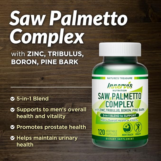 Saw Palmetto Complex 120 Vegetable Capsules for Men Prostate Support Urinary Health Zinc, Tribulus, Boron, Pine Bark 5-in-1 Blend Supplement