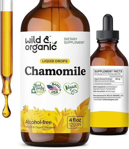 Wild & Organic Chamomile Flowers Tincture - Calming Supplement for Relaxation - Chamomile Extract Liquid Drops - Vegan, Sugar & Alcohol-Free - 4 fl oz