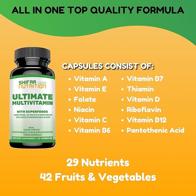 Halal Multivitamins for Women, Men & Adults, 30 Servings | Iron, Vitamin A, B6, B12, Biotin, Niacin, C, D3, E, Zinc, Calcium, Folic Acid, CoQ10 | Halal Vitamins