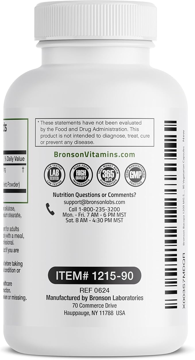 Bronson Bacopa Supports Healthy Brain Function and Mental Performance, Traditional Herb, Non-GMO, 90 Vegetarian Capsules