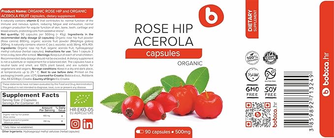 b Organic Rose HIPS Capsules & Acerola Vitamin C 1000mg - Plant Based Vitamin C Supplement Without Ascorbic Acid - Supports Overall Wellness - GMO-Free, Gluten-Free, 90 Vegan Capsules