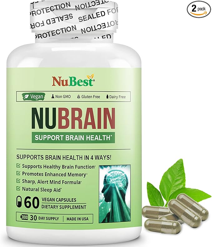 NuBrain Booster - Brain Supplement for Brain Booster, Memory, Focus & Clarity Support with St. John’s Wort, Ginkgo Biloba, Bacopa & More - Premium Nootropic Brain Supplement - 2 Pack