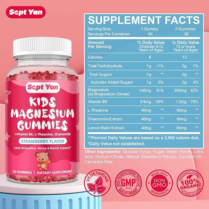 Magnesium Gummies for Kids - Magnesium Citrate Supplement with Vitamin B6, L-theanine, Chamomile & Lemon Balm - Calm Magnesium for Kids & Adults Sleep, Relaxation, Strawberry Flavor 60 Gummies