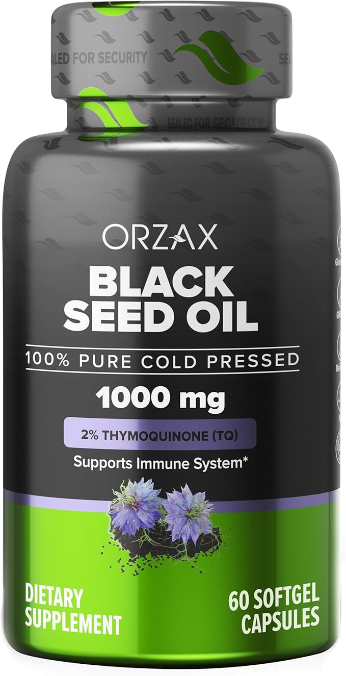 ORZAX Black Seed Oil Cold Pressed 100% Pure | Non-GMO - Rich in Omega 3 6 9 & Thymoquinone | Black Cumin Nigella Sativa Oil for Immune Support, Hair, Skin, Face (1000 mg - 60 Softgel Capsules)