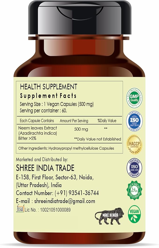 Neem Extract 500mg - 60 Vegetarian Capsules | Azadirachta Indica | All Natural | 100% Vegan | Gluten-Free | GMP Certified.