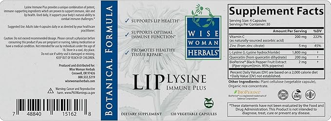 Wise Woman Herbals Lysine Immune Plus Lip - 120 Count Vegetable Capsules - Clinically Proven Lip Health & Support L-Lysine - Bioactive with Zero Harmful Additives